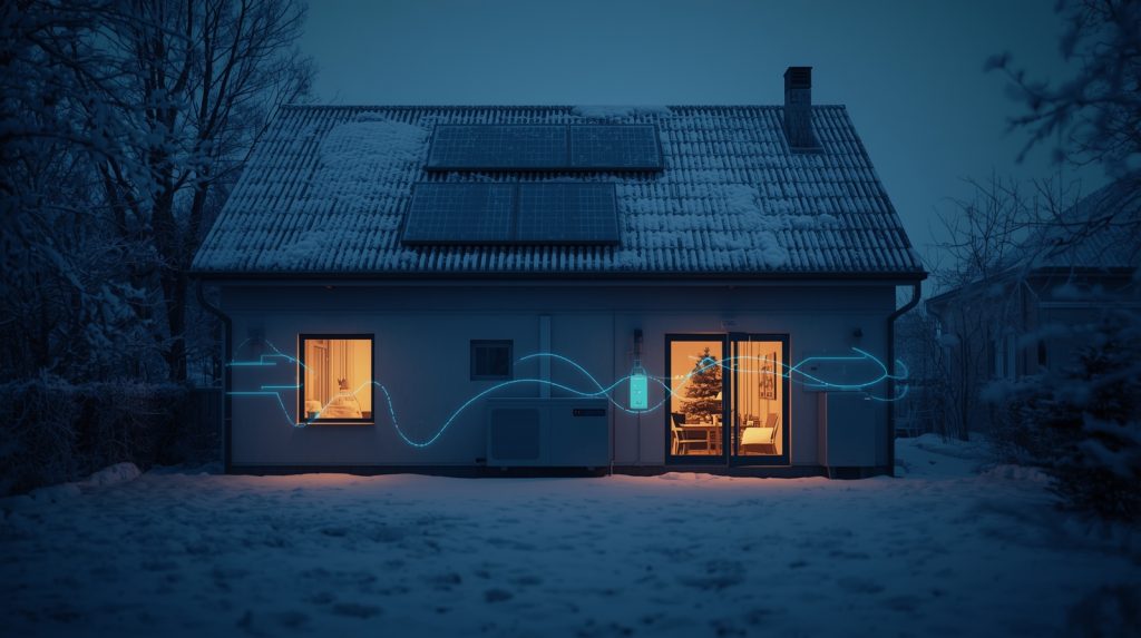 Dom z instalacją fotowoltaiczną zimą, pokazujący inteligentne zarządzanie energią w taryfie G12 z systemem ZiZE – magazyn energii, pompa ciepła i optymalne wykorzystanie prądu w tańszych godzinach.