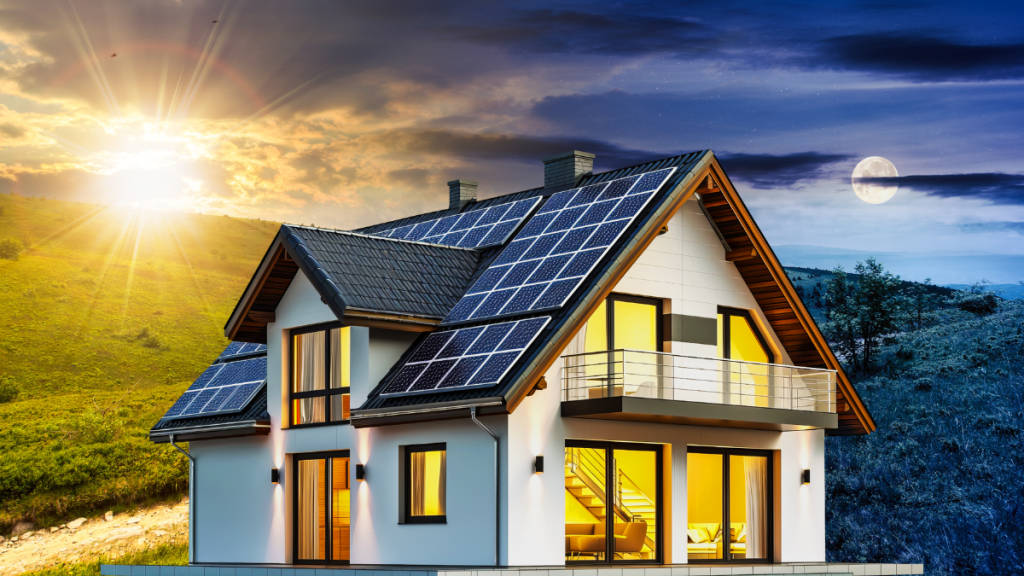 Dom z instalacją fotowoltaiczną zimą, pokazujący inteligentne zarządzanie energią w taryfie G12 z systemem ZiZE – magazyn energii, pompa ciepła i optymalne wykorzystanie prądu w tańszych godzinach.